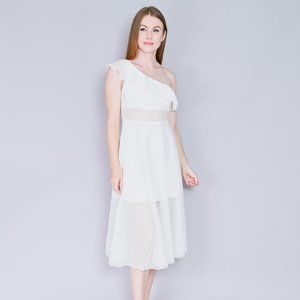 SANDRO White Eyelet Lace One-Shoulder Midi Dress